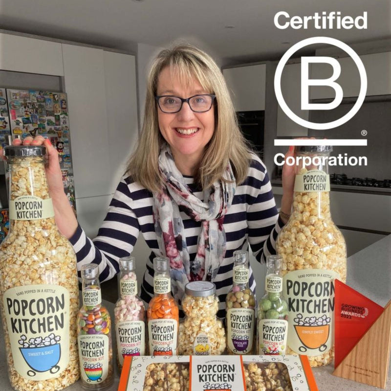 Popcorn products and B corp logo