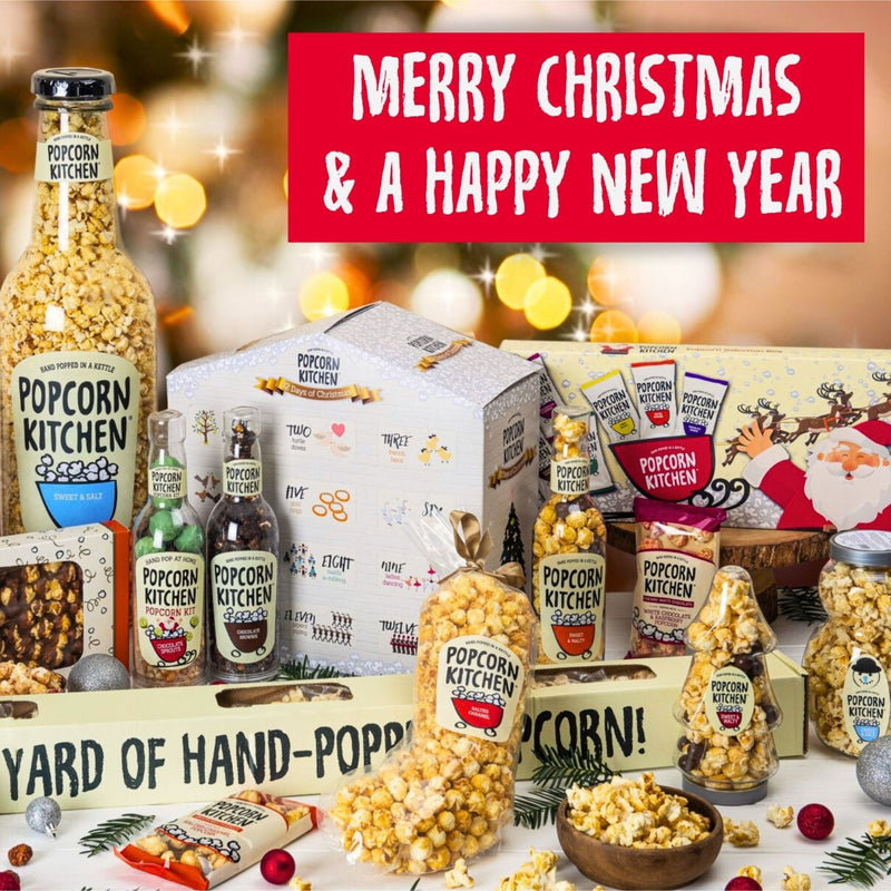 Christmas selection of popcorn with merry Christmas and happy new year message