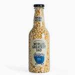 Giant bottle of popcorn with worlds greatest dad label on a white background