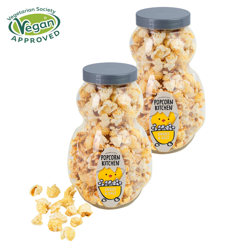 2 Easter Chick popcorn bottles and vegan logo