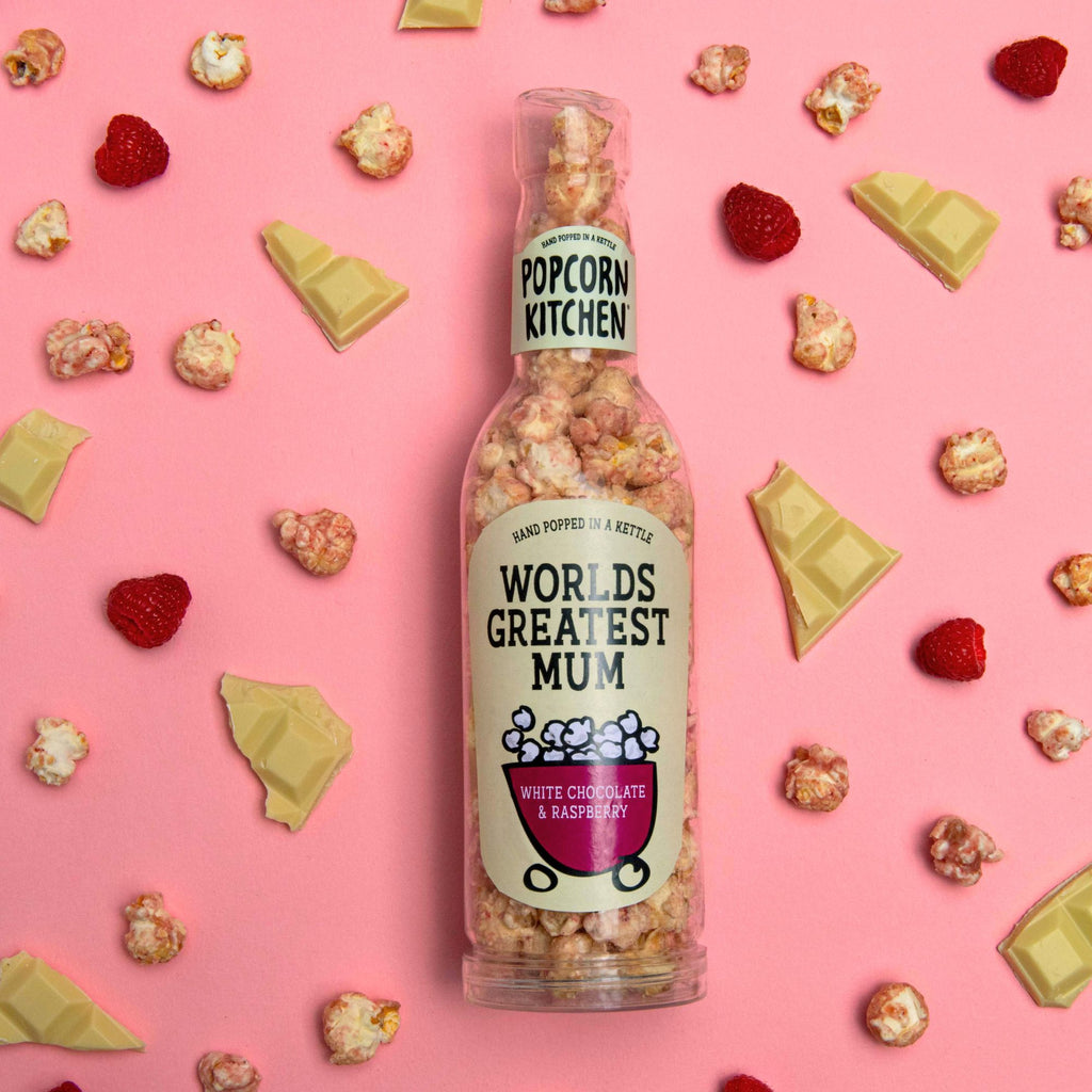 worlds best mum popcorn bottle with white chocolate and raspberry popcorn showing
