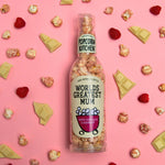 worlds best mum popcorn bottle with white chocolate and raspberry popcorn showing
