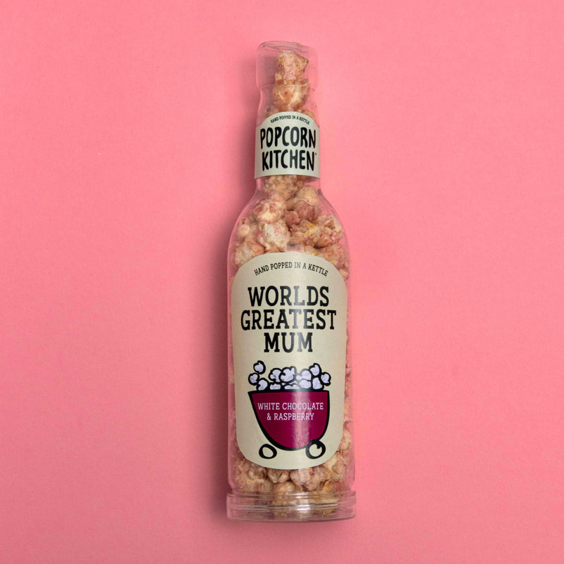 worlds best mum label on a bottle of white chocolate and raspberry popcorn 